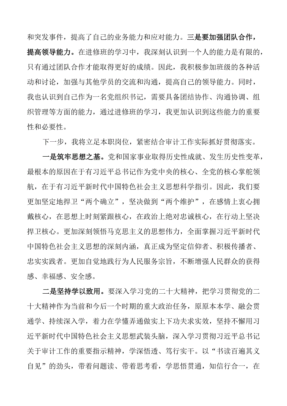 审计局书记在机关团队组织书记进修班上的研讨发言材料培训心得体会.docx_第2页