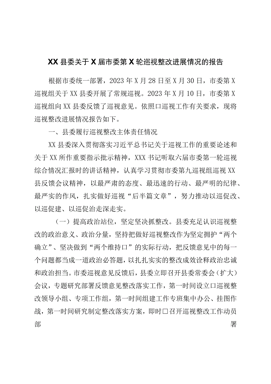 巡视整改进展情况的报告.docx_第1页