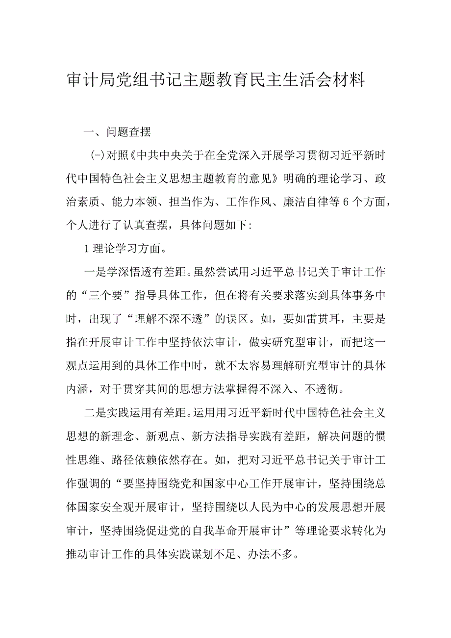 审计局党组书记主题教育民主生活会材料.docx_第1页