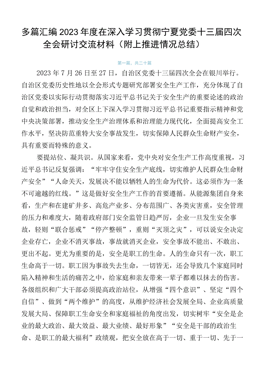 多篇汇编2023年度在深入学习贯彻宁夏党委十三届四次全会研讨交流材料（附上推进情况总结）.docx_第1页