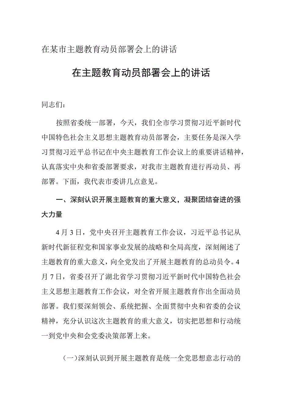 在某市主题教育动员部署会上的讲话.docx_第1页