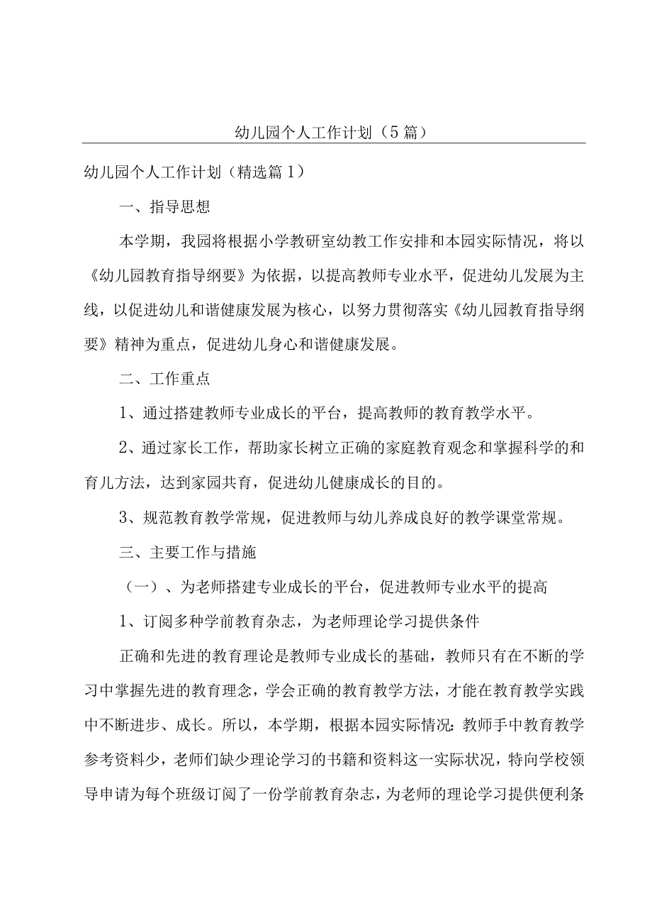 幼儿园个人工作计划（5篇）.docx_第1页