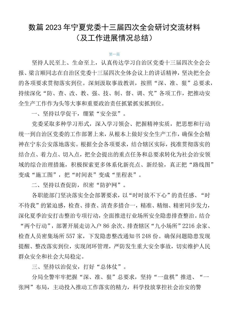 数篇2023年宁夏党委十三届四次全会研讨交流材料（及工作进展情况总结）.docx_第1页