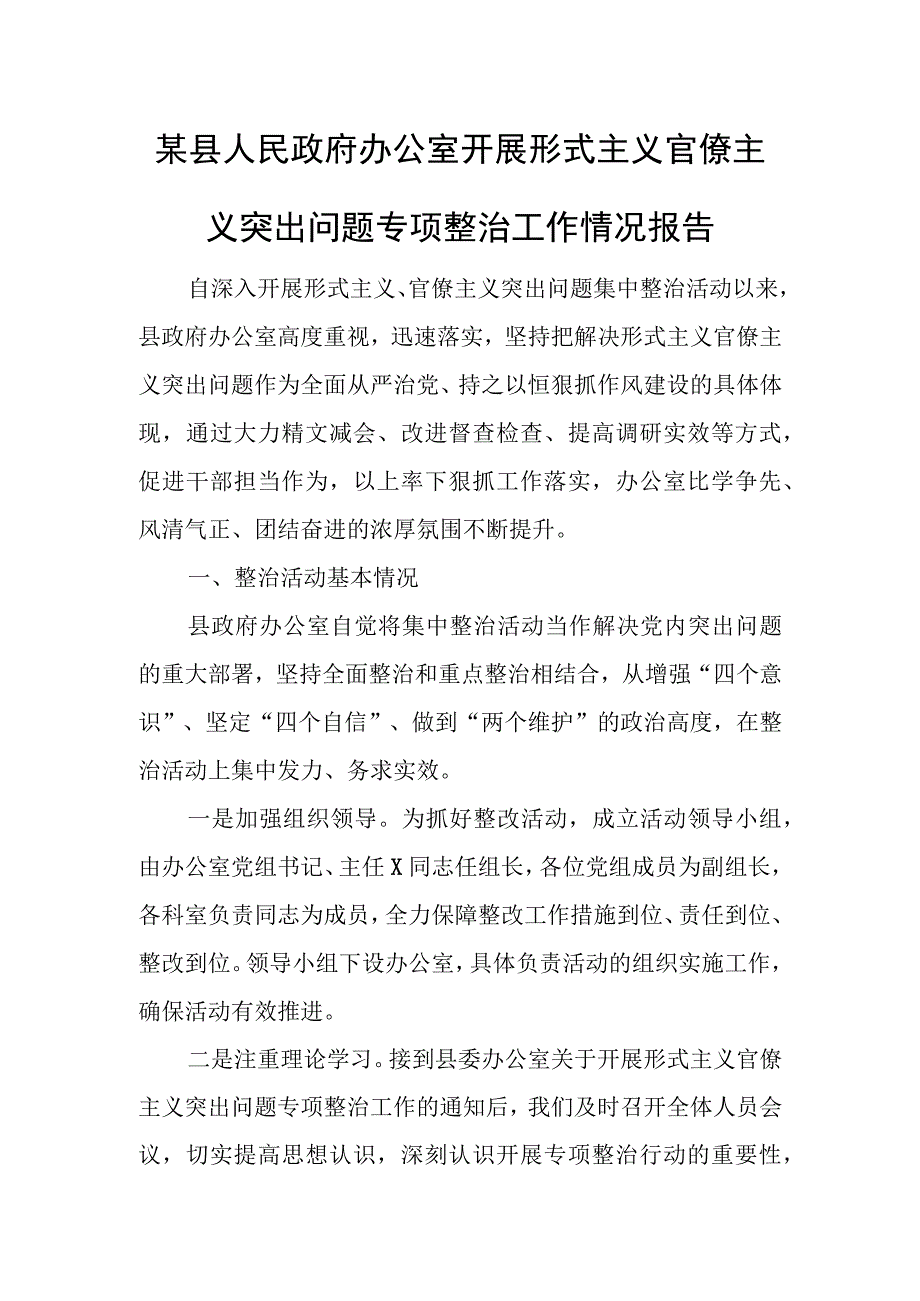 某县人民政府办公室开展形式主义官僚主义突出问题专项整治工作情况报告.docx_第1页