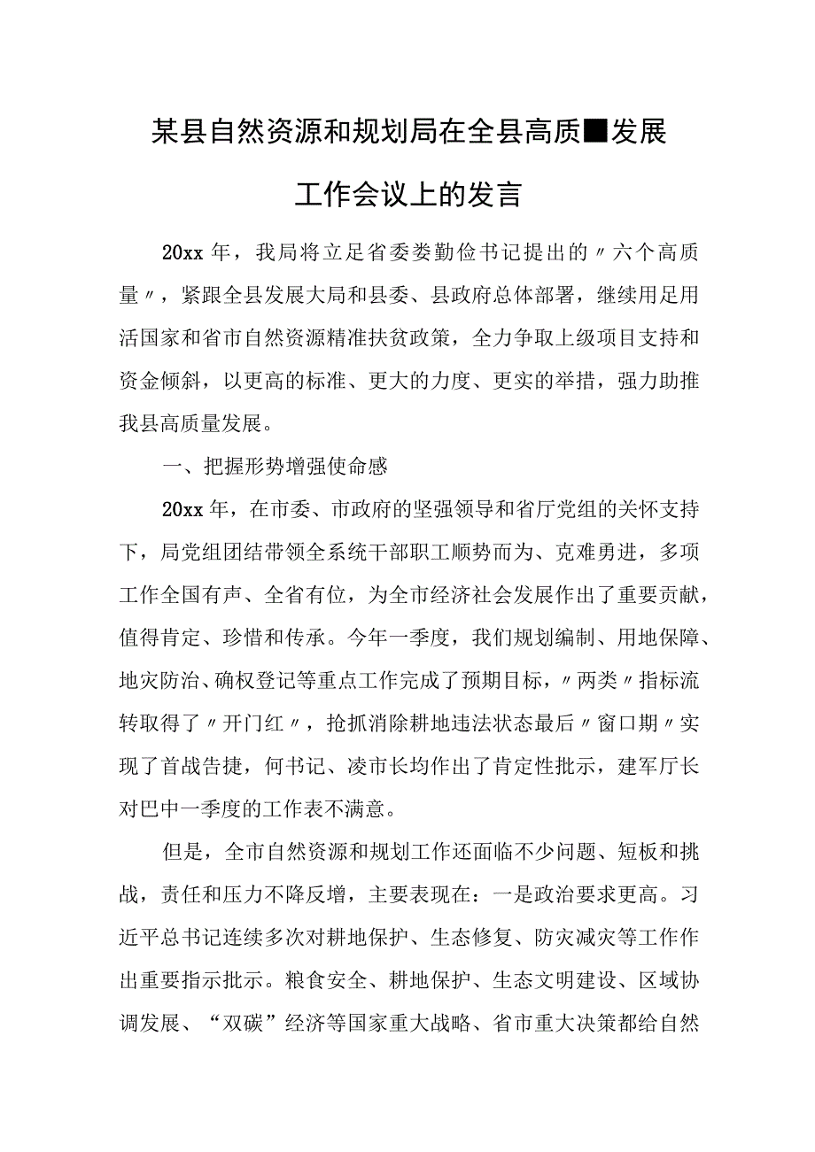 某县自然资源和规划局在全县高质量发展工作会议上的发言.docx_第1页