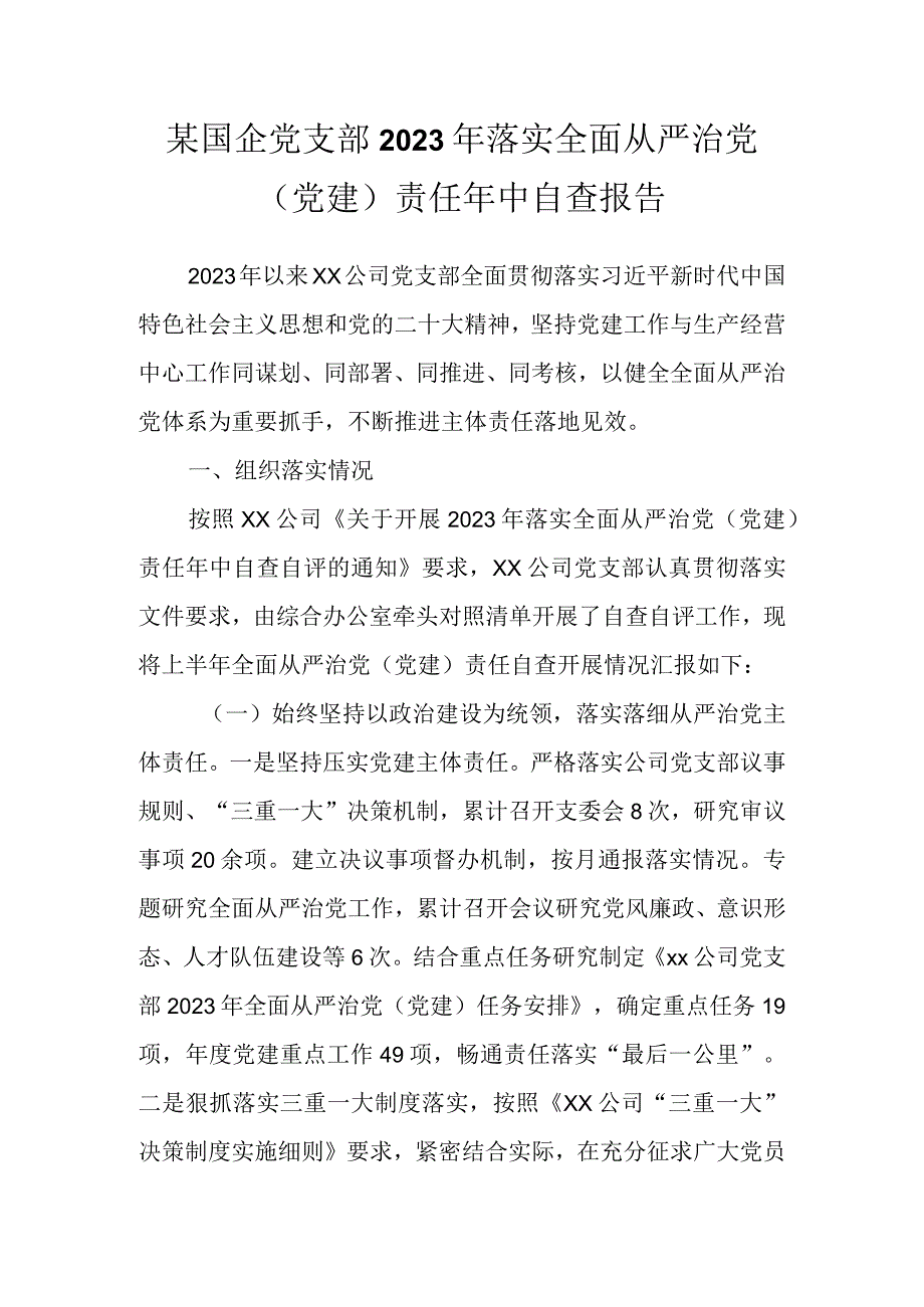 某国企党支部2023年落实全面从严治党（党建）责任年中自查报告.docx_第1页