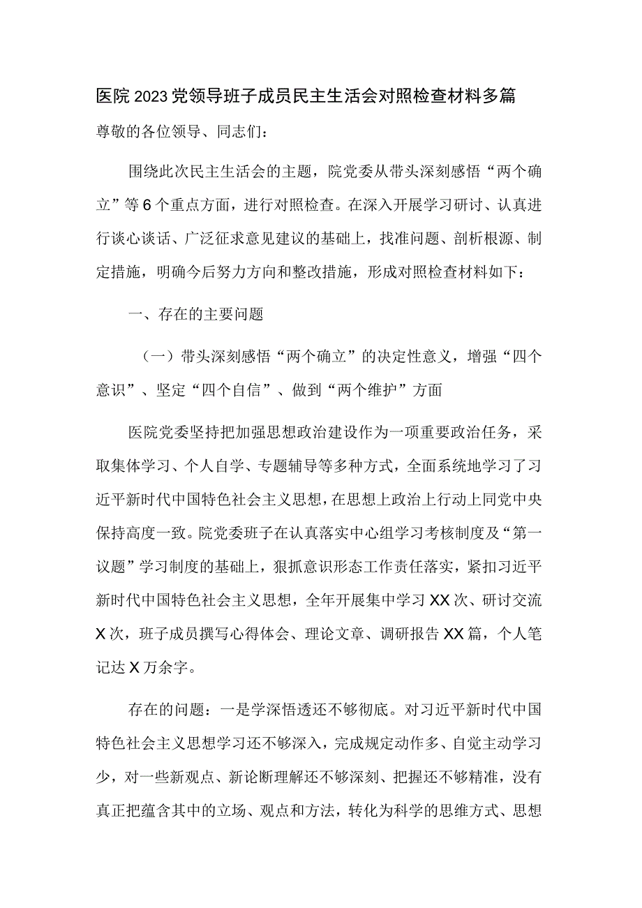 医院2023党领导班子成员民主生活会对照检查材料多篇.docx_第1页