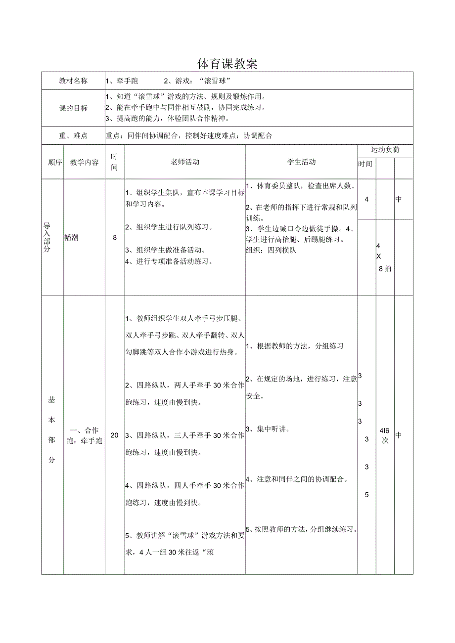 人教版四年级上册体育合作跑：牵手跑（教案）.docx_第1页