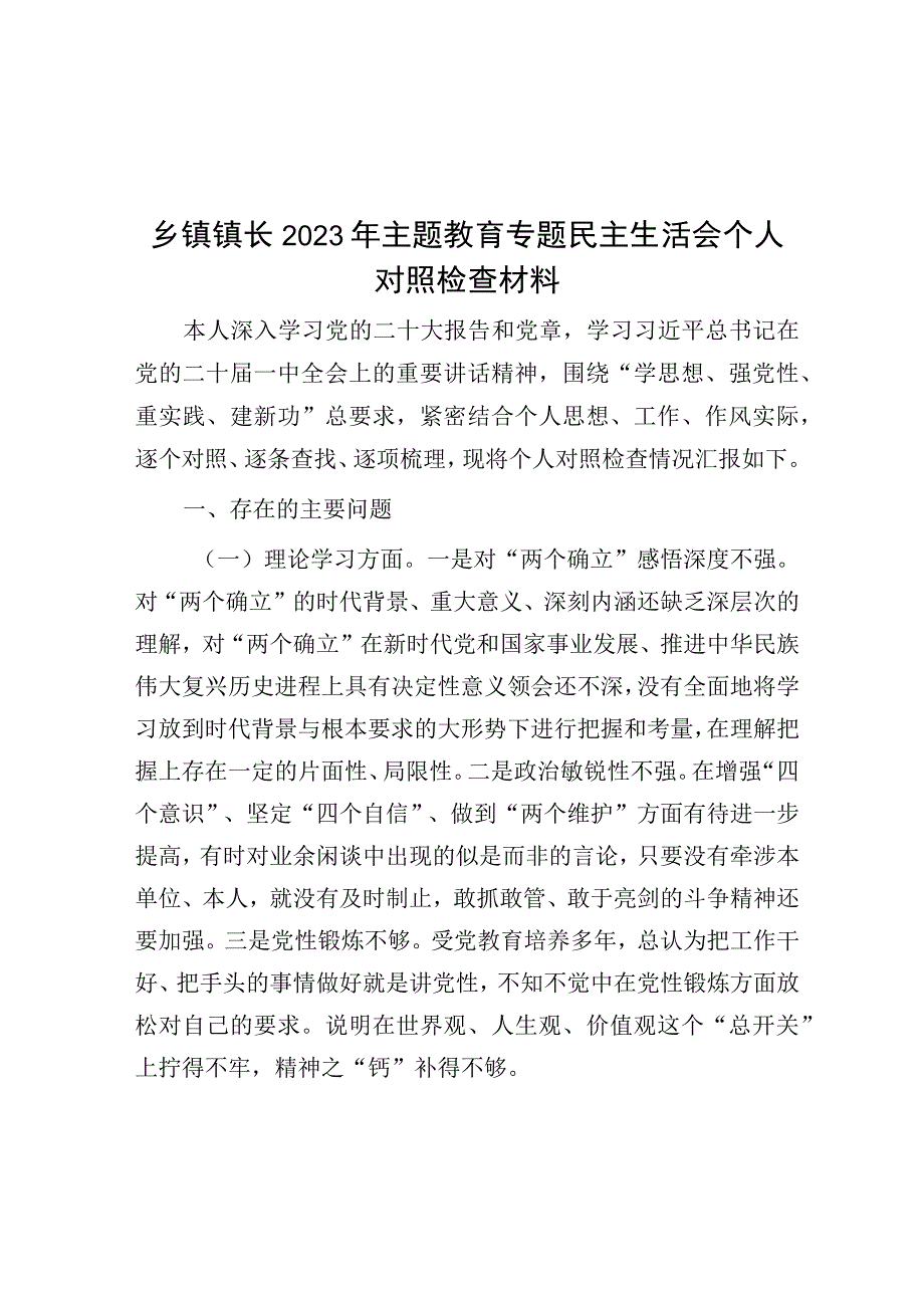 乡镇镇长2023年主题教育专题民主生活会个人对照检查材料.docx_第1页