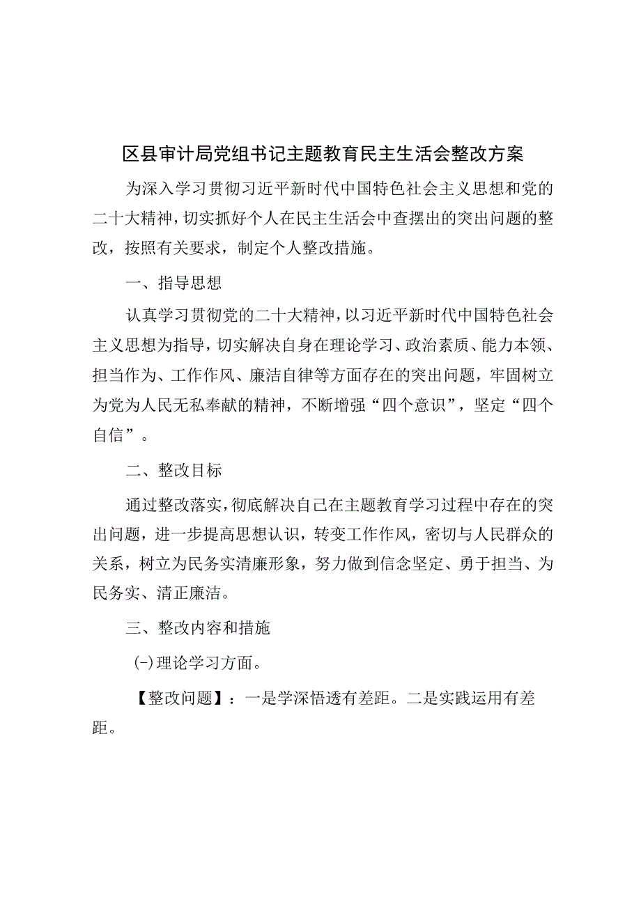 区县审计局党组书记主题教育民主生活会整改方案.docx_第1页