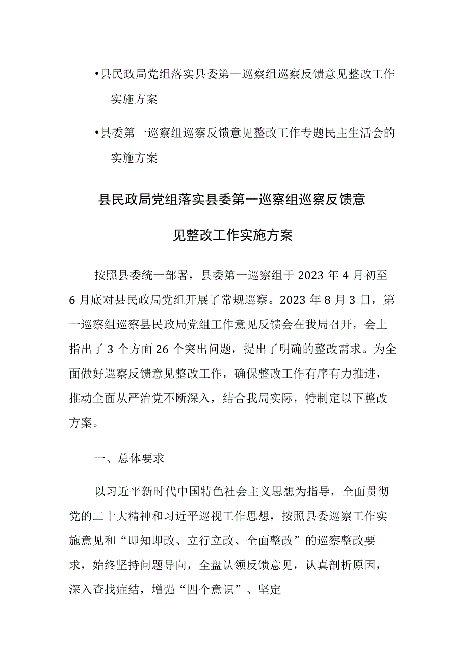 两篇：县委第一巡察组巡察反馈意见整改工作专题民主生活会的实施方案范文.docx_第1页