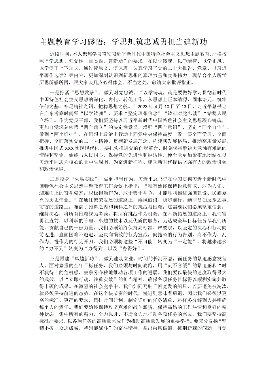 主题教育学习感悟：学思想 筑忠诚 勇担当 建新功.docx_第1页