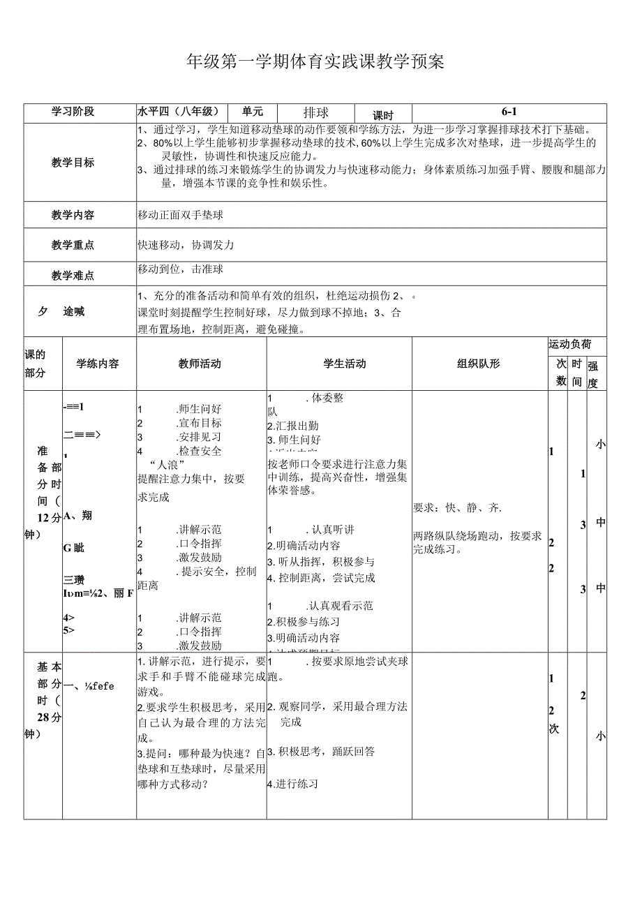 中学八年级第一学期排球体育实践课教学预案.docx_第1页