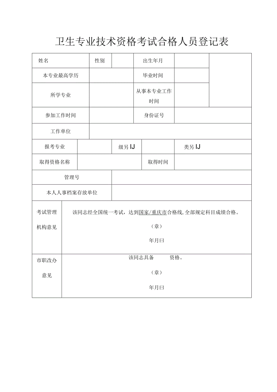 卫生专业技术资格考试合格人员登记表.docx_第1页