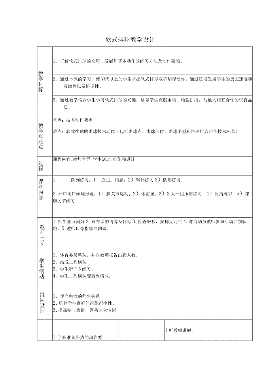 人教版六年级上册体育软式排球 （教学设计）.docx_第1页