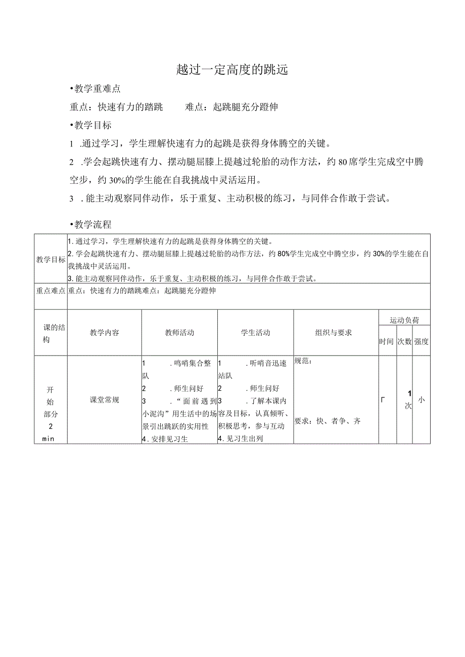 人教版五年级上册体育越过一定高度的跳远（教案）.docx_第1页