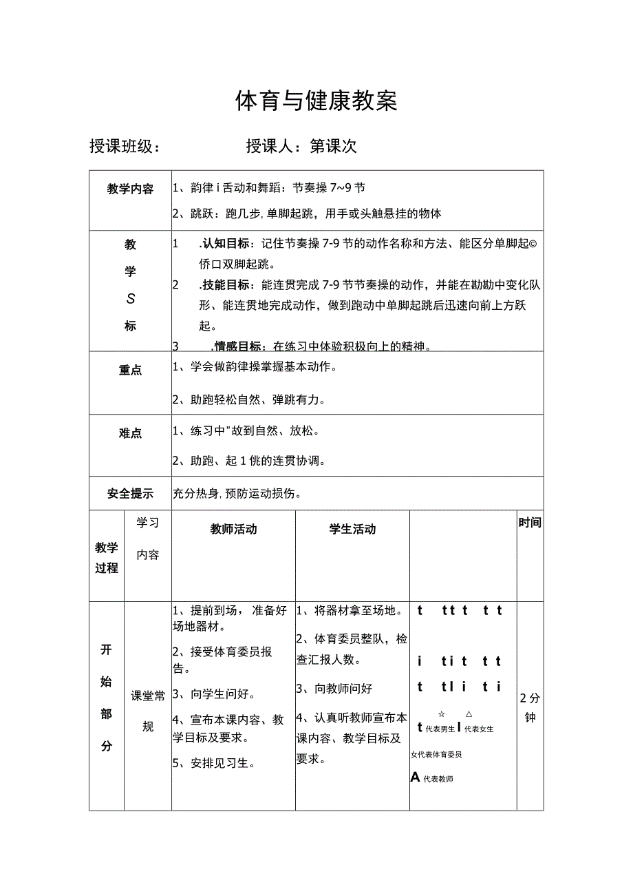 体育与健康教案 （韵律活动和舞蹈 跑几步单脚起跳用手或头触悬挂的物体）.docx_第1页