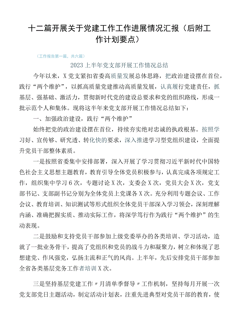 十二篇开展关于党建工作工作进展情况汇报（后附工作计划要点）.docx_第1页