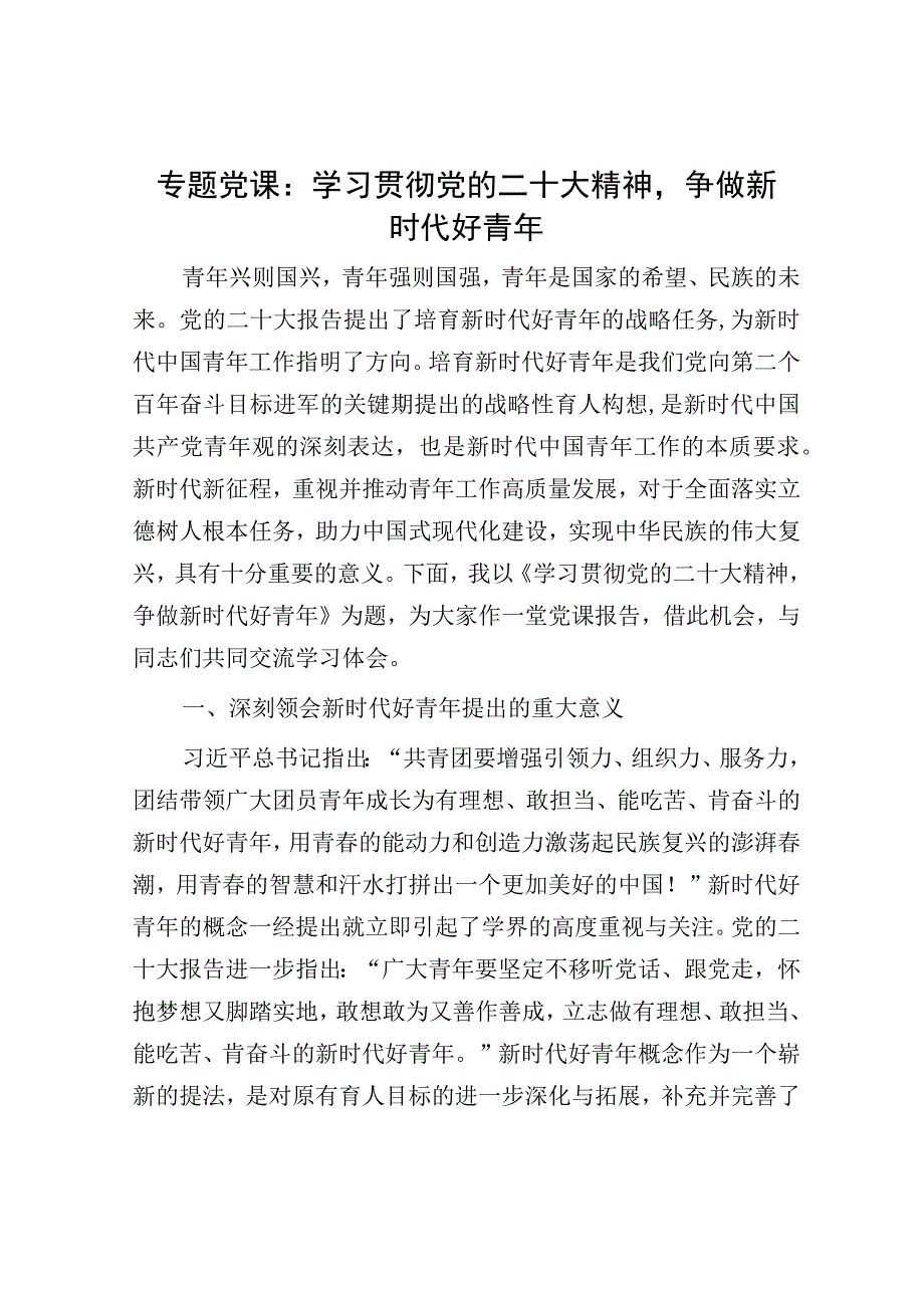 专题党课：学习贯彻党的二十大精神争做新时代好青年.docx_第1页