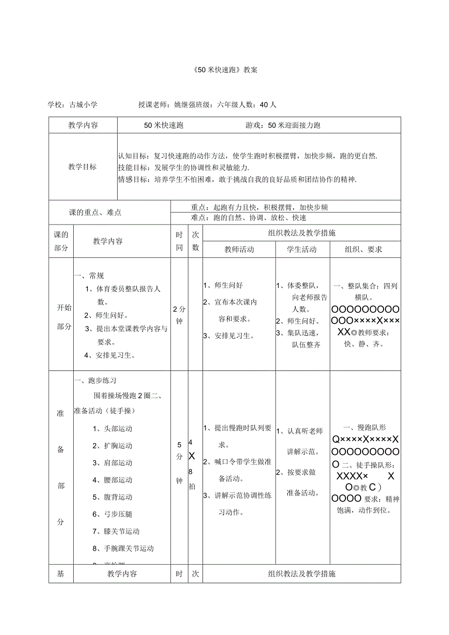 人教版六年级上册体育50米快速路（教案）.docx_第1页