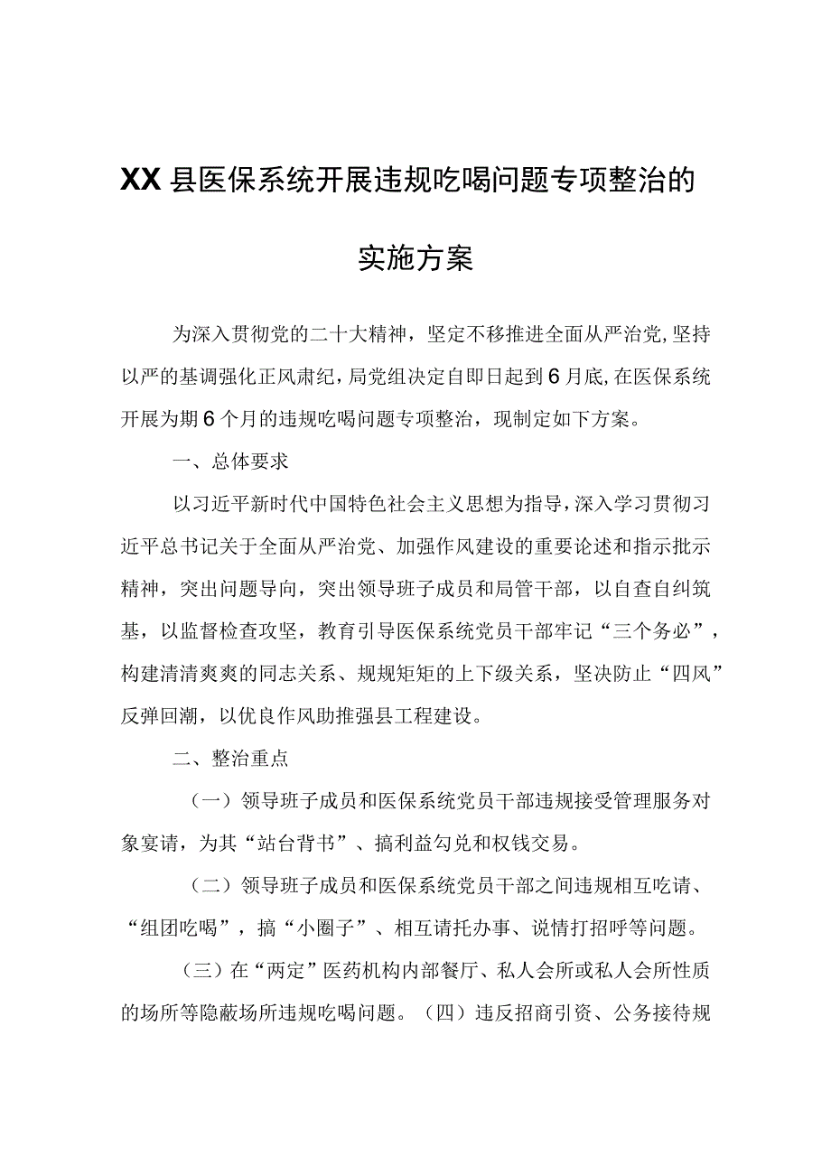 医保系统开展违规吃喝问题专项整治的实施方案.docx_第1页