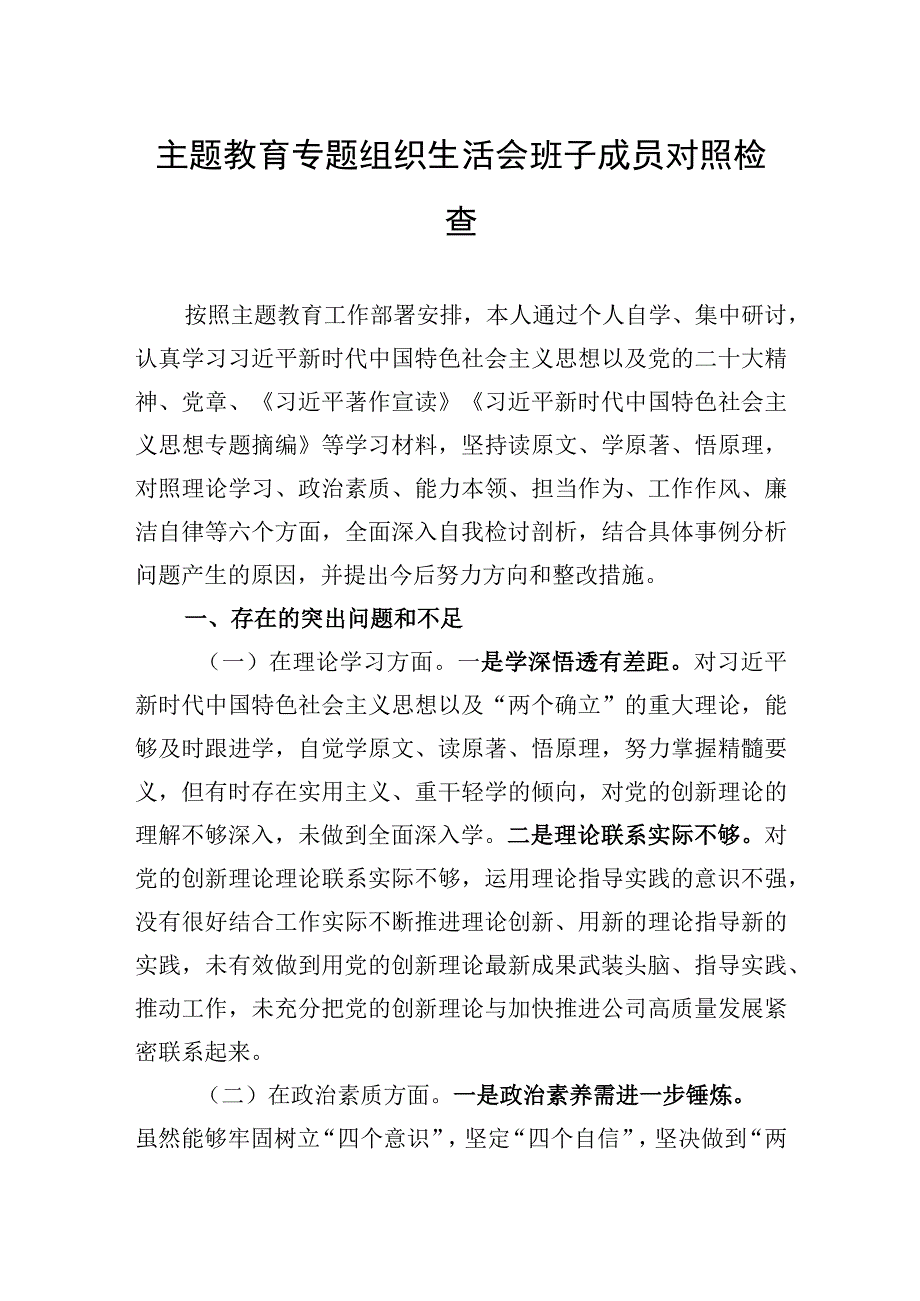 主题教育专题组织生活会班子成员对照检查.docx_第1页