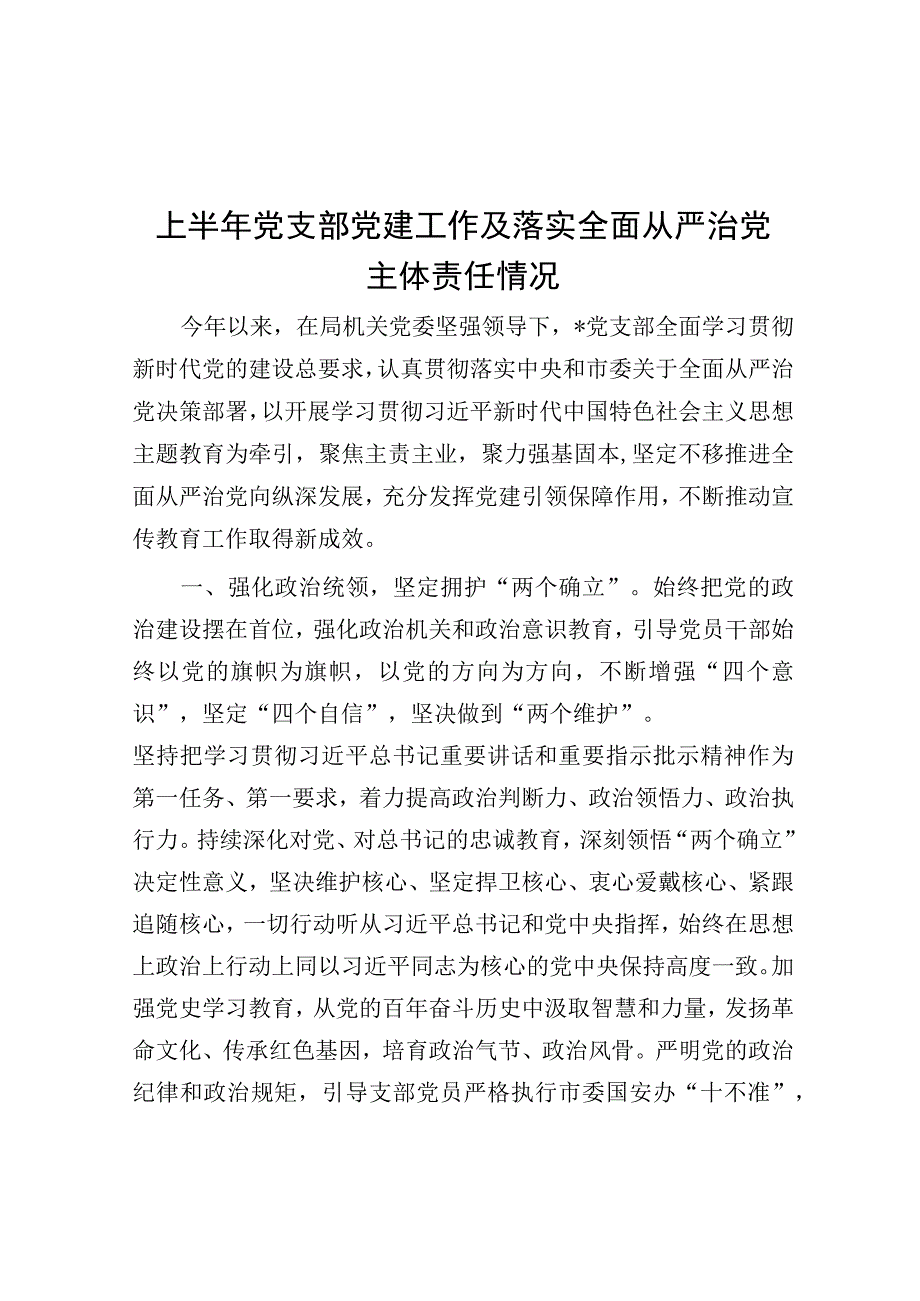 上半年党支部党建工作及落实全面从严治党主体责任情况.docx_第1页