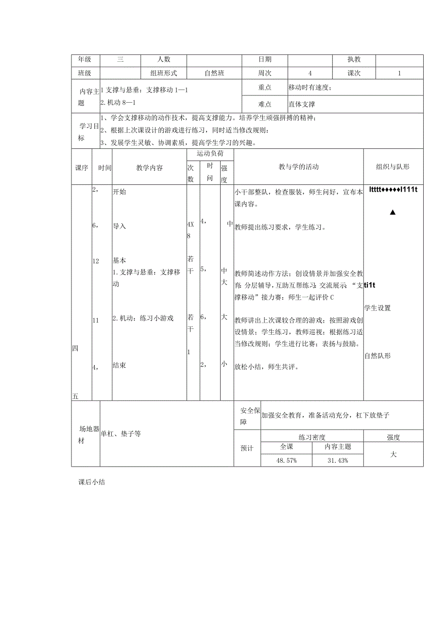 人教版三年级上册体育支撑与悬垂（教案）.docx_第1页