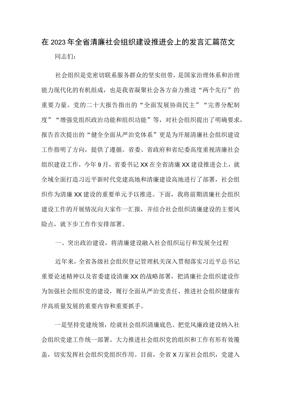 在2023年全省清廉社会组织建设推进会上的发言汇篇范文.docx_第1页