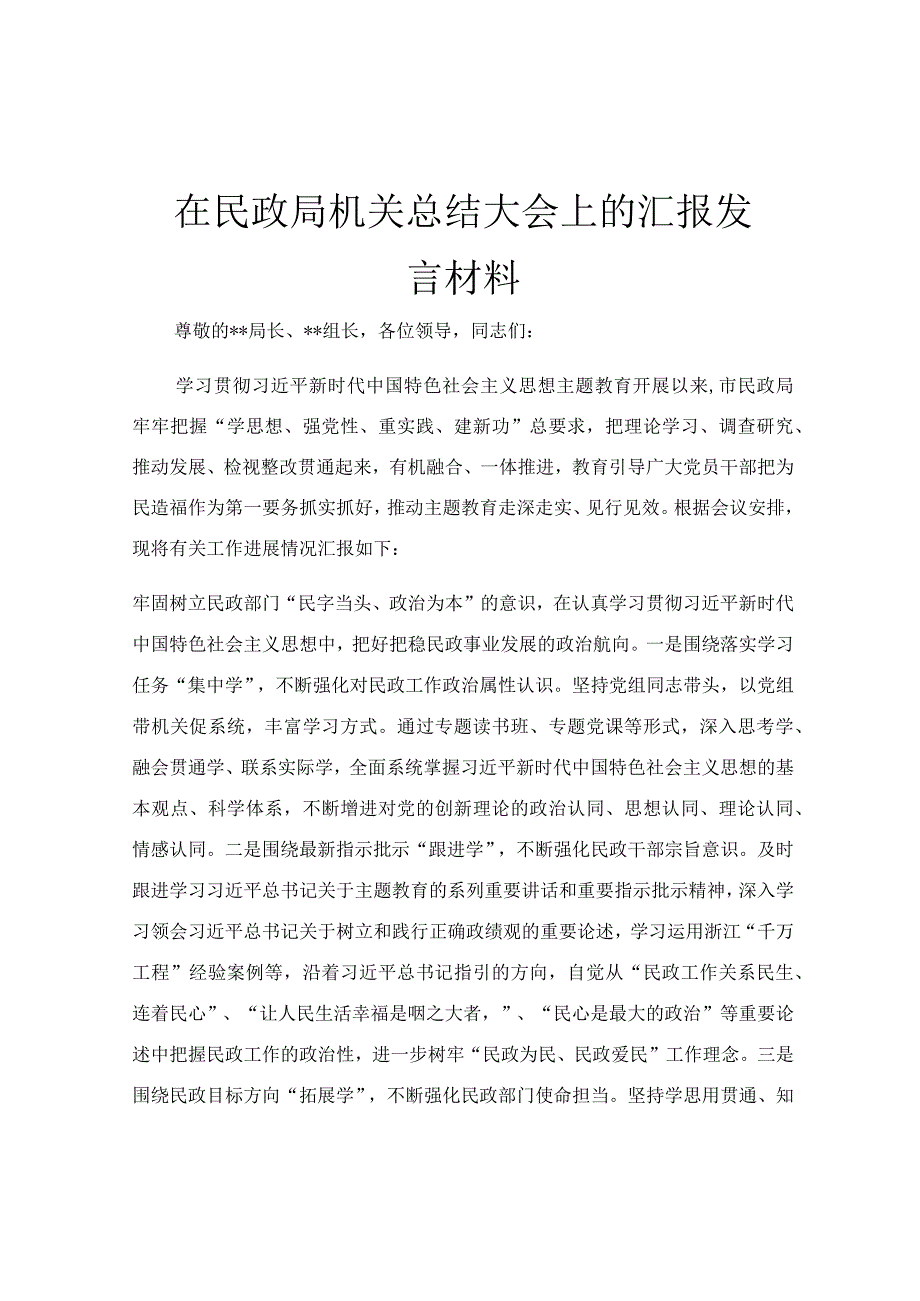 在民政局机关总结大会上的汇报发言材料.docx_第1页