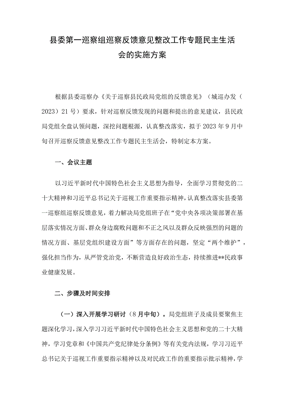 县委第一巡察组巡察反馈意见整改工作专题民主生活会的实施方案.docx_第1页