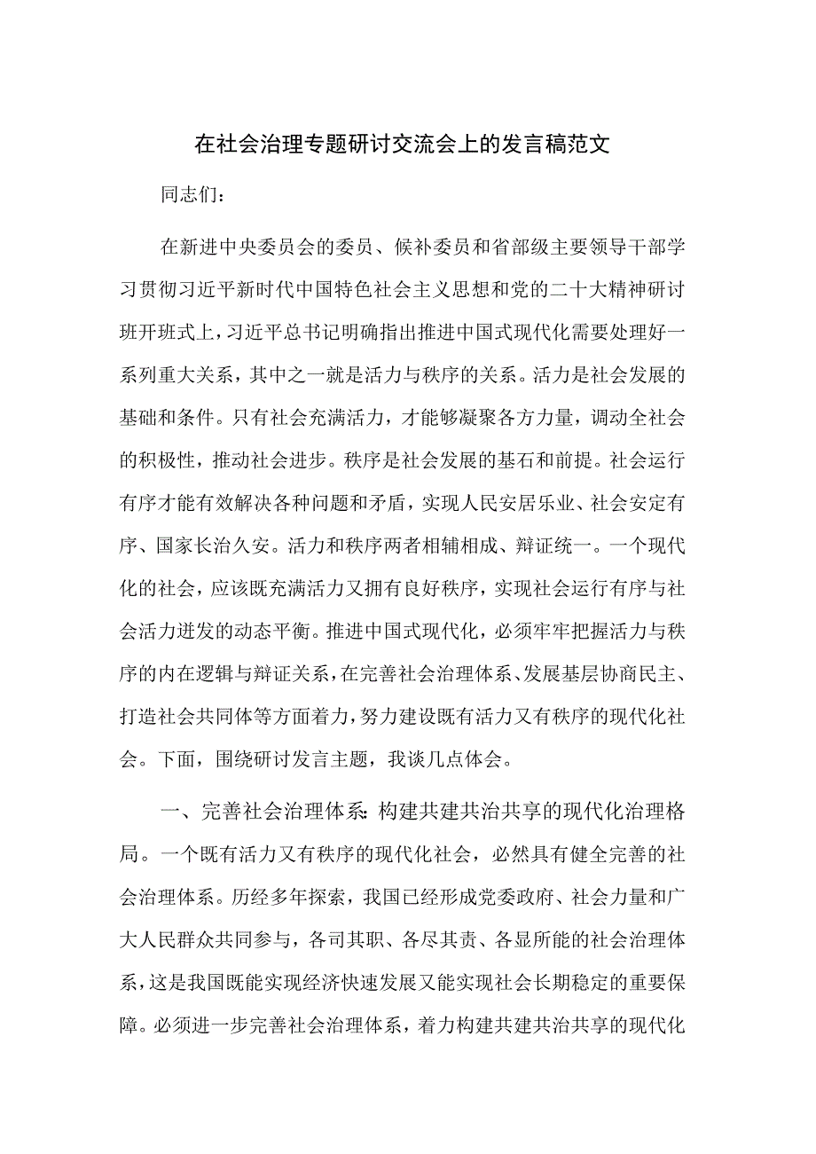 在社会治理专题研讨交流会上的发言稿范文.docx_第1页