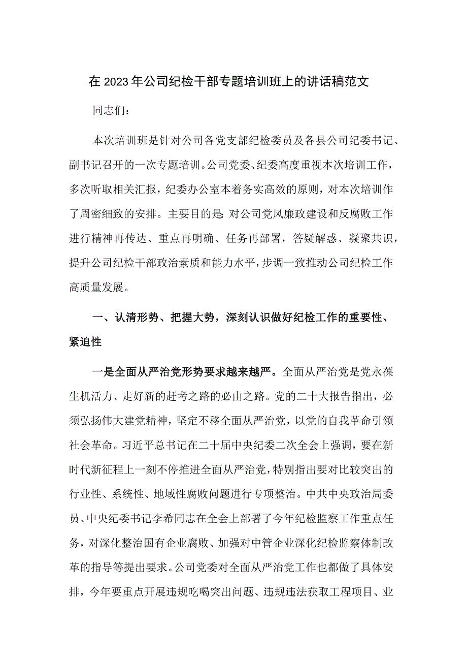 在2023年公司纪检干部专题培训班上的讲话稿范文.docx_第1页