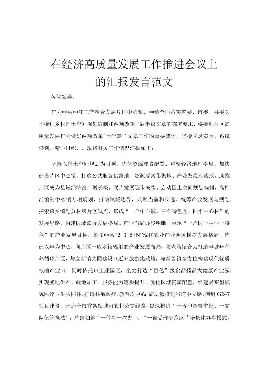 在经济高质量发展工作推进会议上的汇报发言范文.docx_第1页