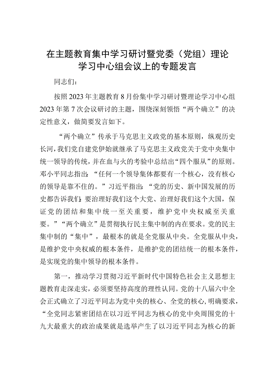 在主题教育集中学习研讨暨党委（党组）理论学习中心组会议上的专题发言.docx_第1页