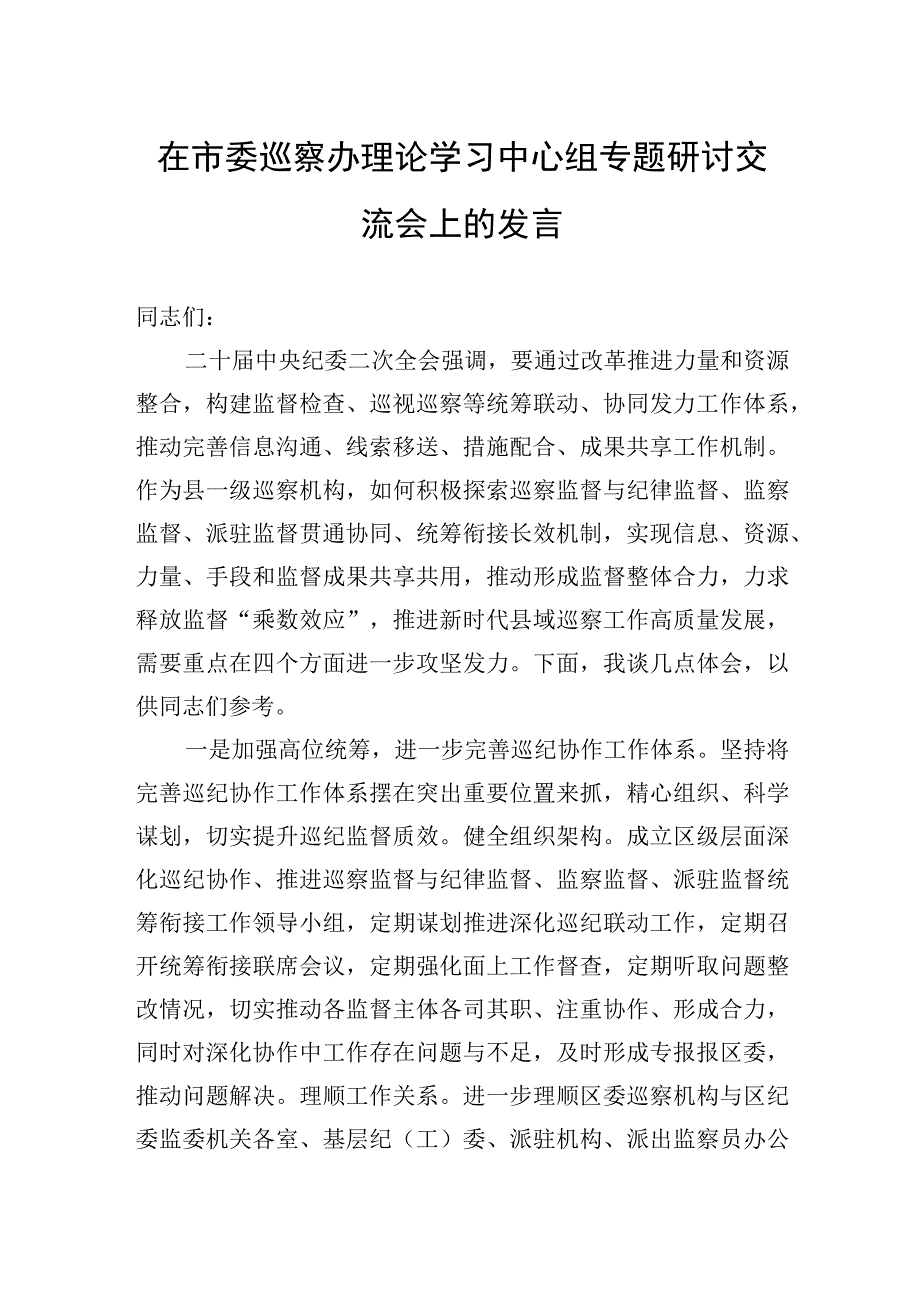 在市委巡察办理论学习中心组专题研讨交流会上的发言.docx_第1页