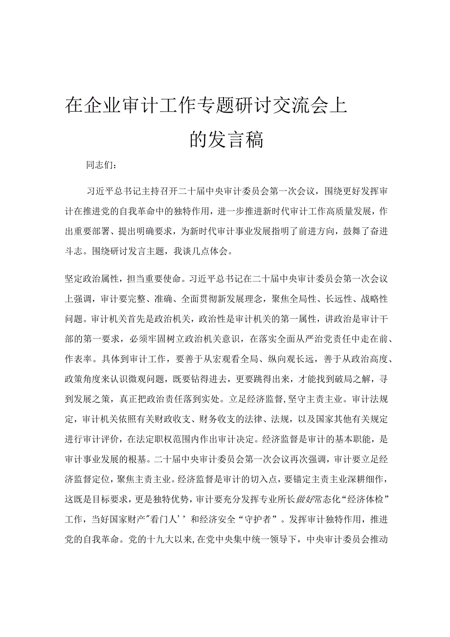 在企业审计工作专题研讨交流会上的发言稿.docx_第1页