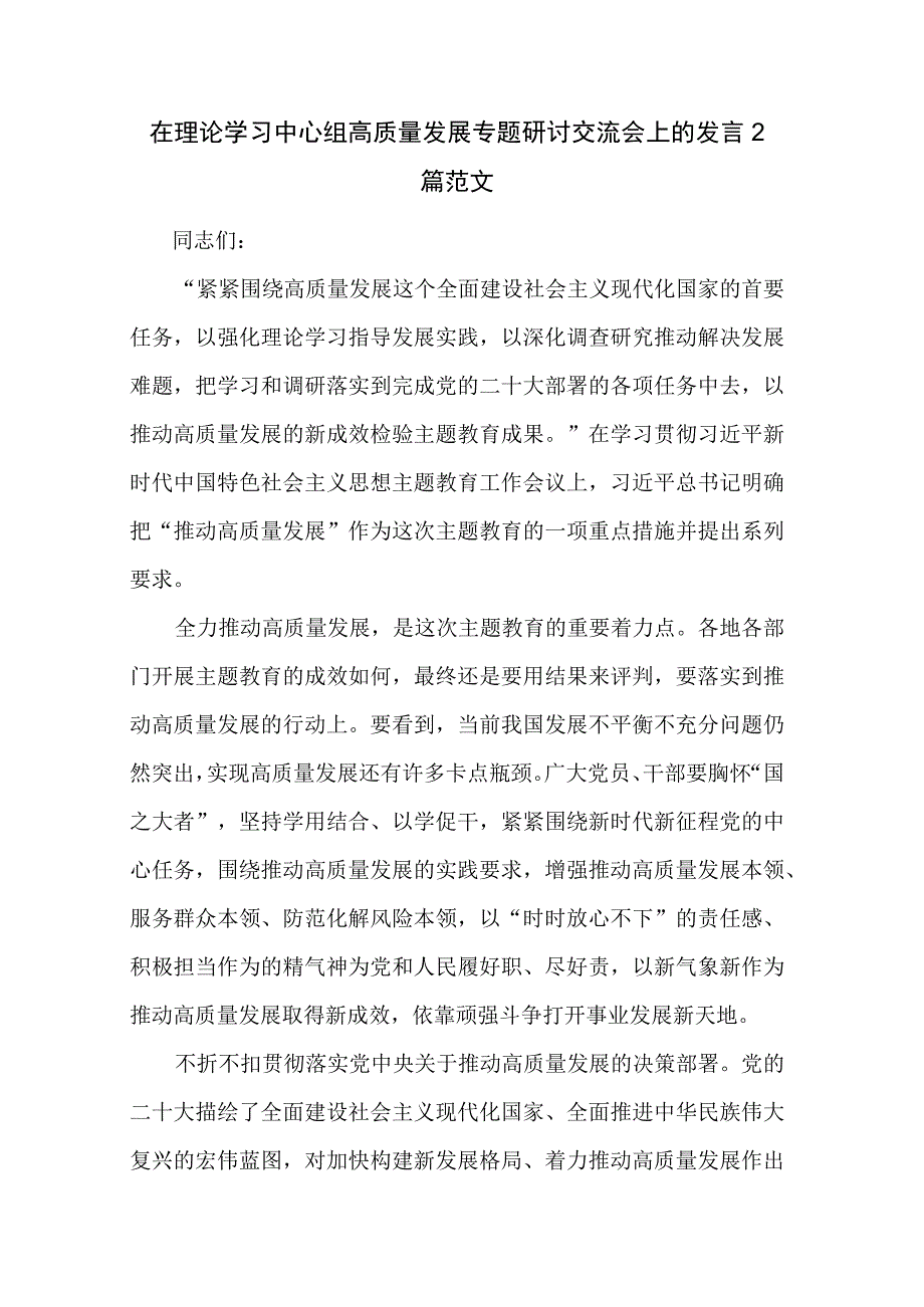 在理论学习中心组高质量发展专题研讨交流会上的发言2篇范文.docx_第1页