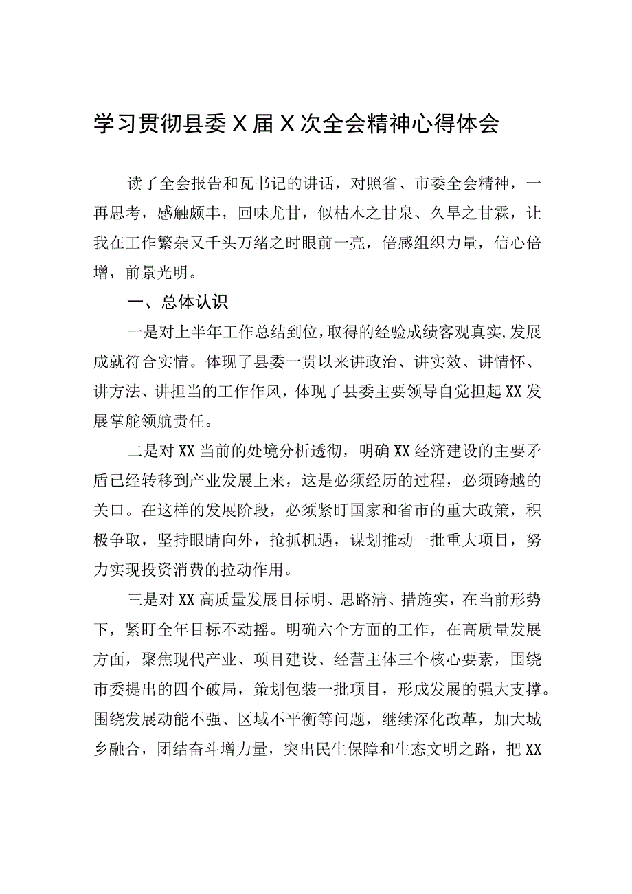 学习贯彻县委X届X次全会精神心得体会.docx_第1页