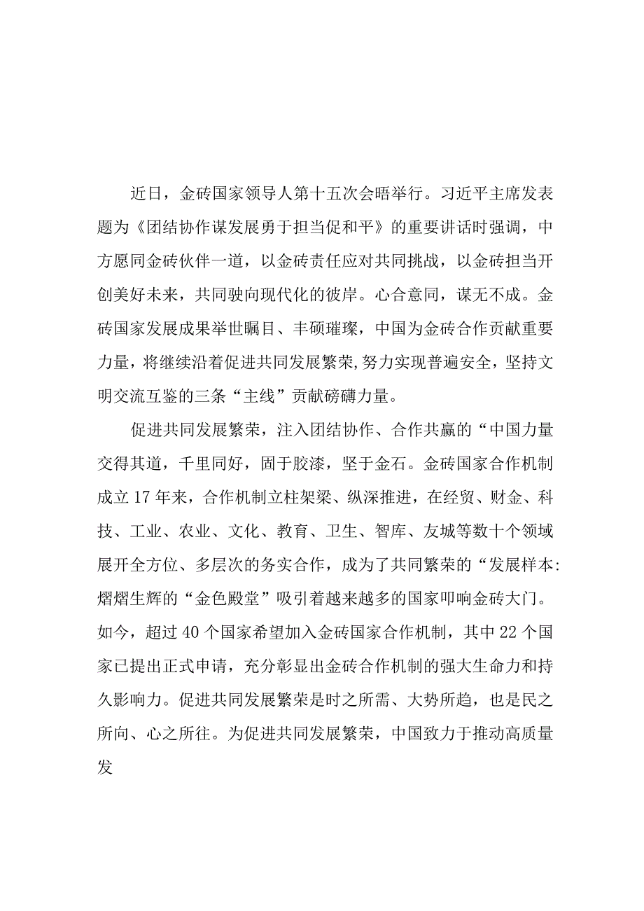 学习领悟金砖国家领导人第十五次会晤《团结协作谋发展 勇于担当促和平》的重要讲话心得体会研讨发言共4篇.docx_第2页