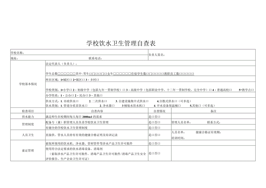 学校饮水卫生管理自查表.docx_第1页