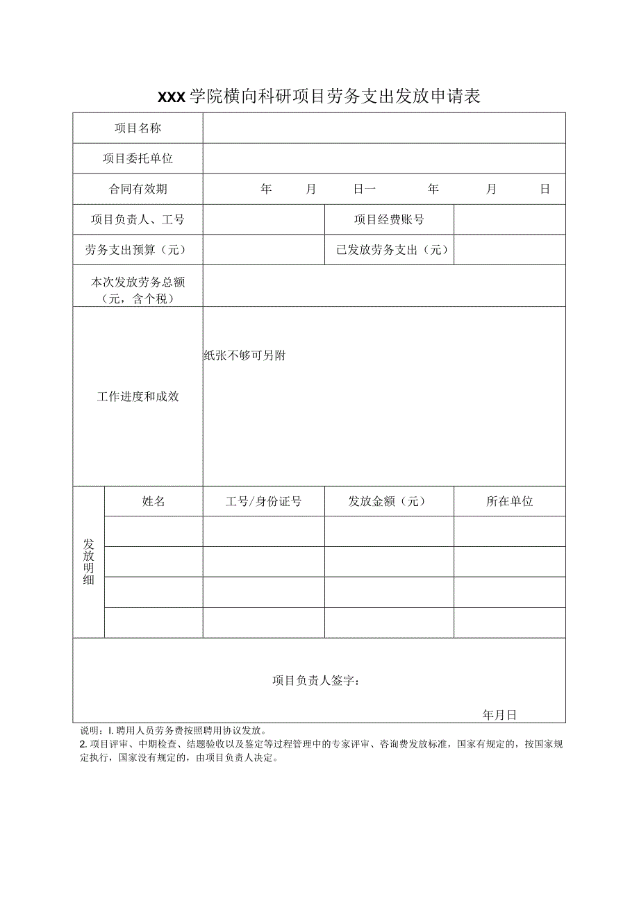 学院横向科研项目劳务支出发放申请表.docx_第1页