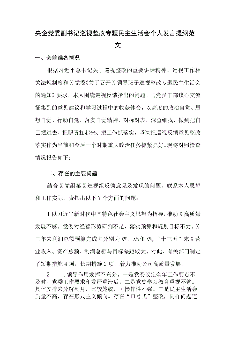 央企党委副书记巡视整改专题民主生活会个人发言提纲范文.docx_第1页