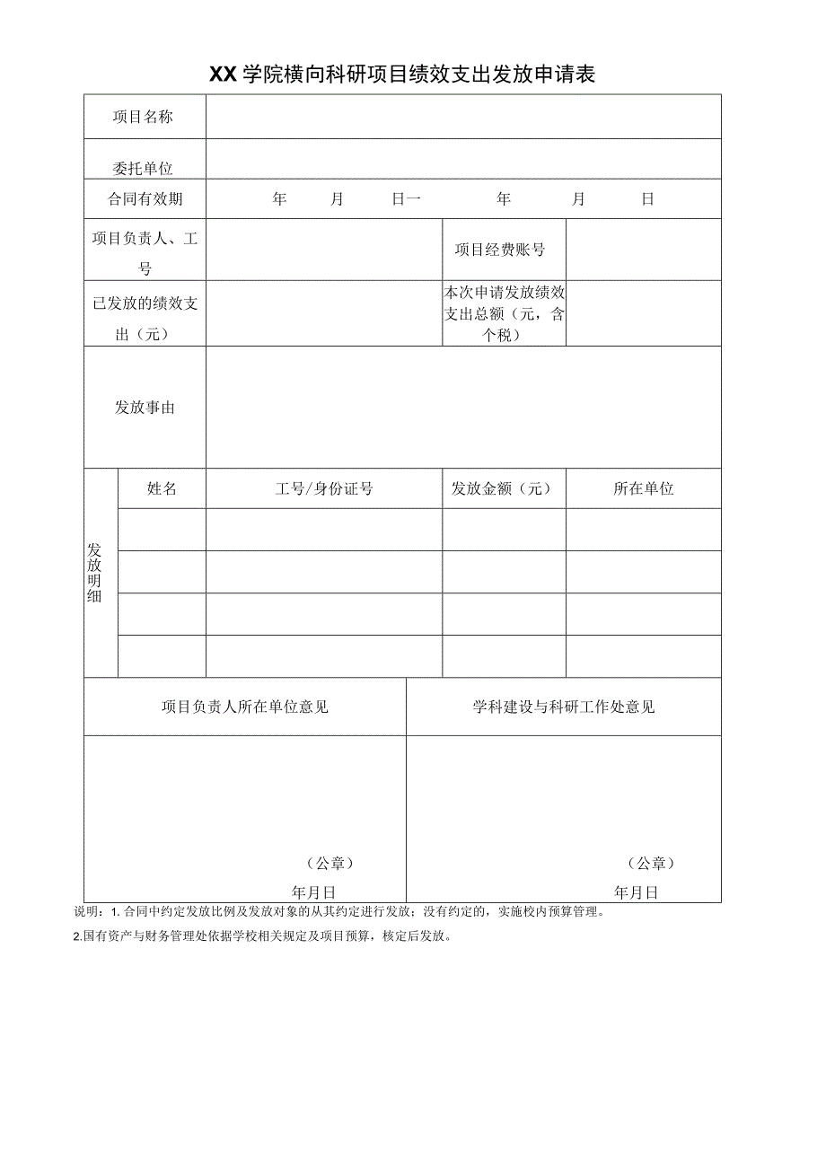 学院横向科研项目绩效支出发放申请表.docx_第1页