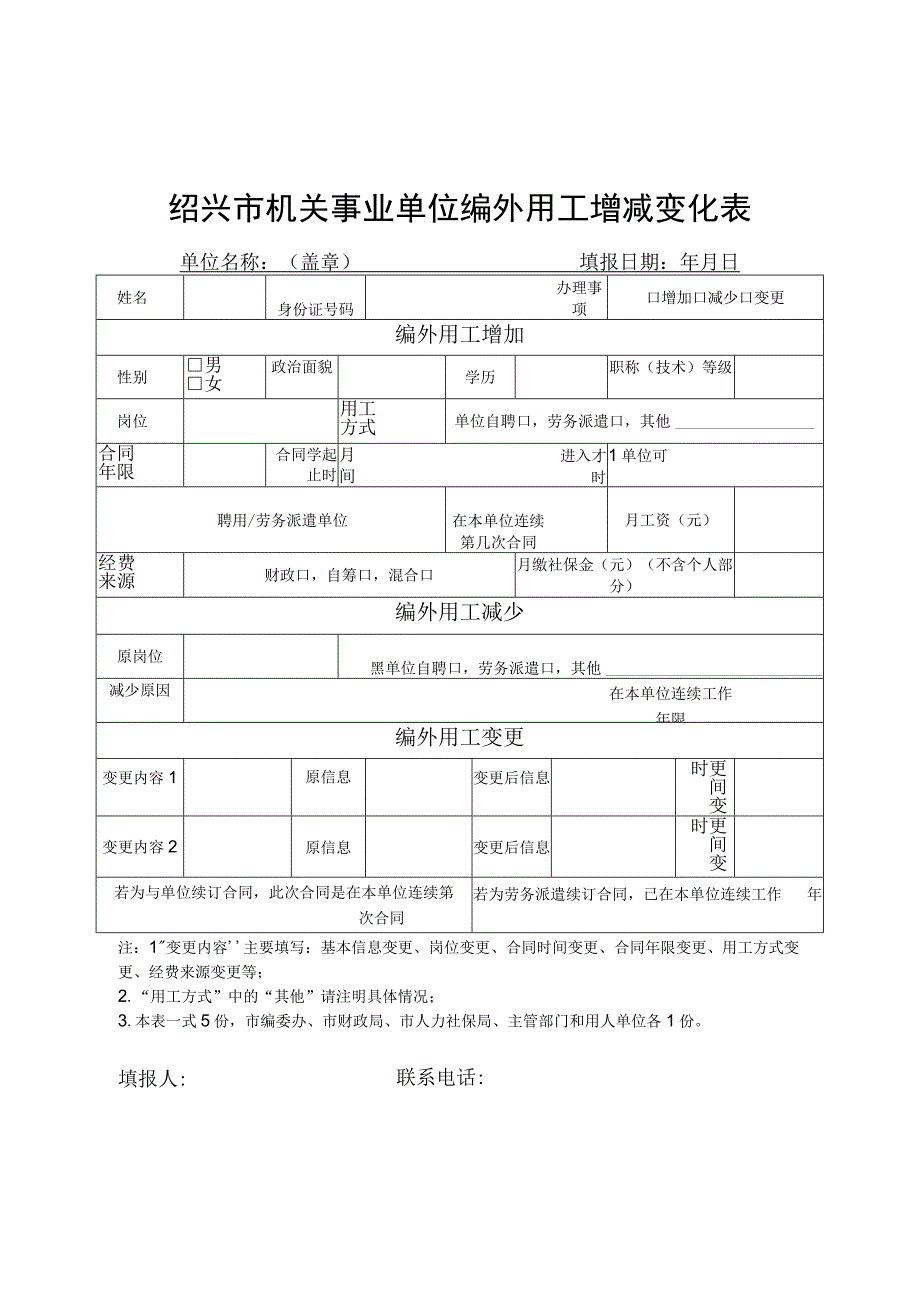 绍兴市机关事业单位编外用工增减变化表.docx_第1页