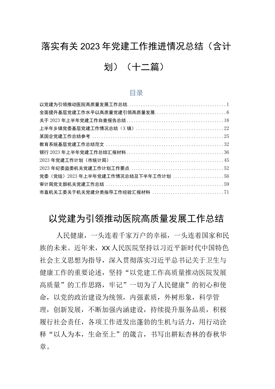 落实有关2023年党建工作推进情况总结（含计划）（十二篇）.docx_第1页