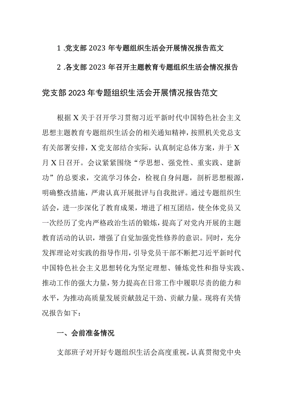 支部2023年专题组织生活会开展情况报告范文2篇.docx_第1页