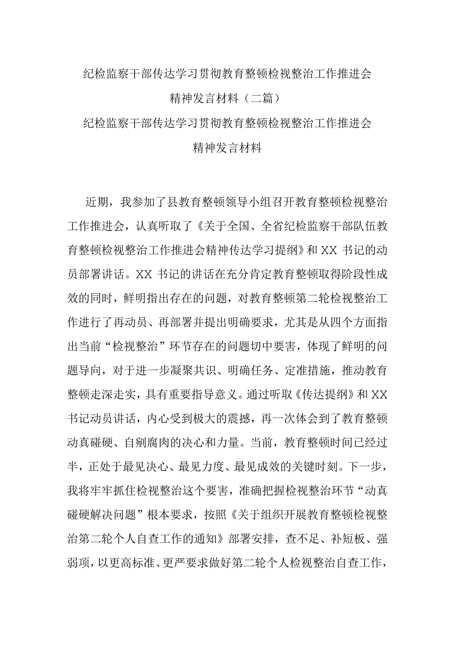 纪检监察干部传达学习贯彻教育整顿检视整治工作推进会精神发言材料(二篇).docx_第1页