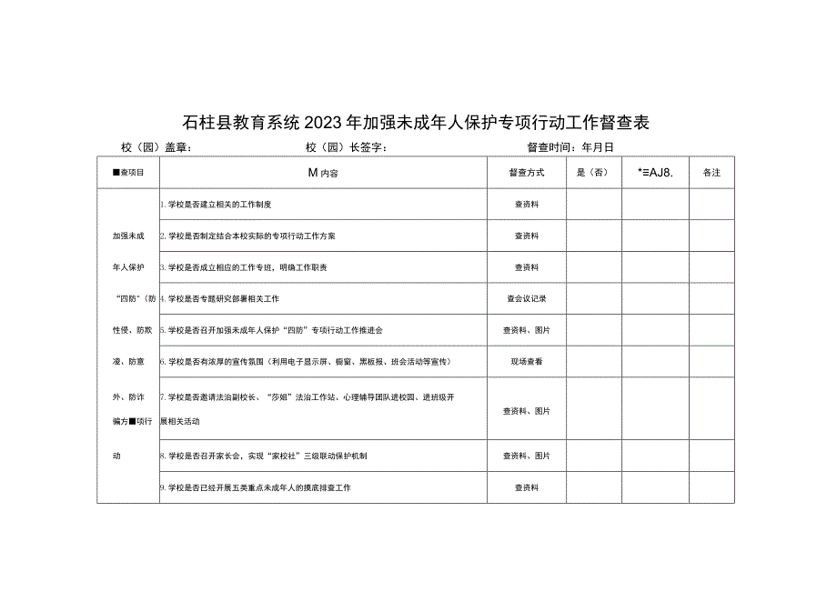 石柱县教育系统2023年加强未成年人保护专项行动工作督查表.docx_第1页