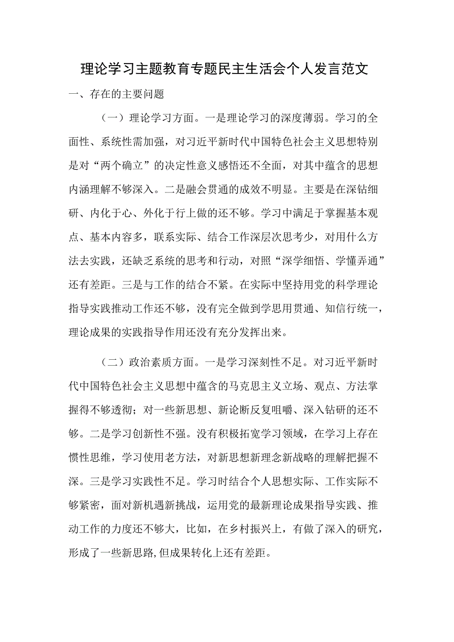 理论学习主题教育专题民主生活会个人发言范文.docx_第1页